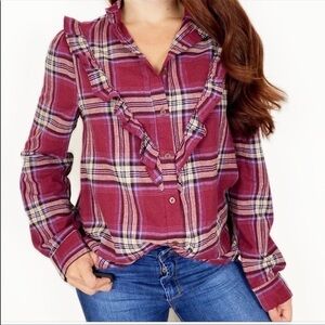 NWOT ENTRO Burgundy Plaid Ruffle Western Button Up Top Medium Equestrian Blouse